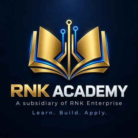 RNK Academy logo: a gold open book with circuit lines above the words RNK Academy, a subsidiary of RNK Enterprise, Learn. Build. Apply.