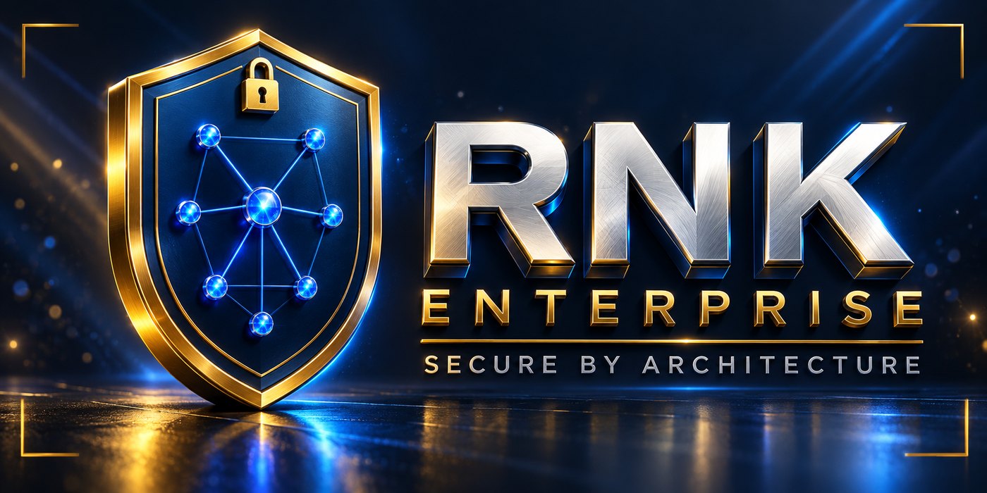 RNK Enterprise logo: a gold shield with a glowing blue network and a padlock, beside the words RNK Enterprise, Secure by Architecture